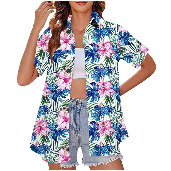 QUNYINEY Hawaiian Button Down Shirts for Women Collared Casual Short Sleeve Tops Loose Summer Beach Womens Tops
