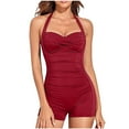 thumbnail image 1 of QUNYINEY Hawaiian Women's One Piece Swimsuit Tummy Control Modest Bathing Suits Ruched Halter Swimwear, 1 of 5