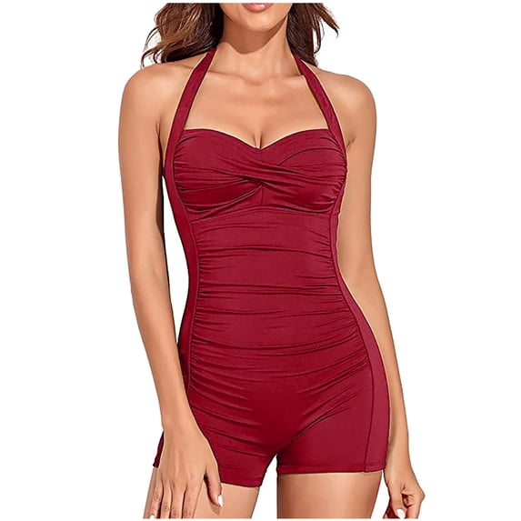 QUNYINEY Hawaiian Women's One Piece Swimsuit Tummy Control Modest Bathing Suits Ruched Halter Swimwear