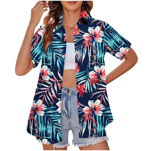 QUNYINEY Hawaiian Womens Button Down Shirts Collared Short Sleeve Casual Tops Loose Summer Beach Women Tops