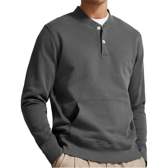 QUNYINEY Henley Men's Sweatshirts Gray Solid Long Sleeve Casual Tops with Pocket Drop Shoulder Relaxed Fit Button Sweatshirts