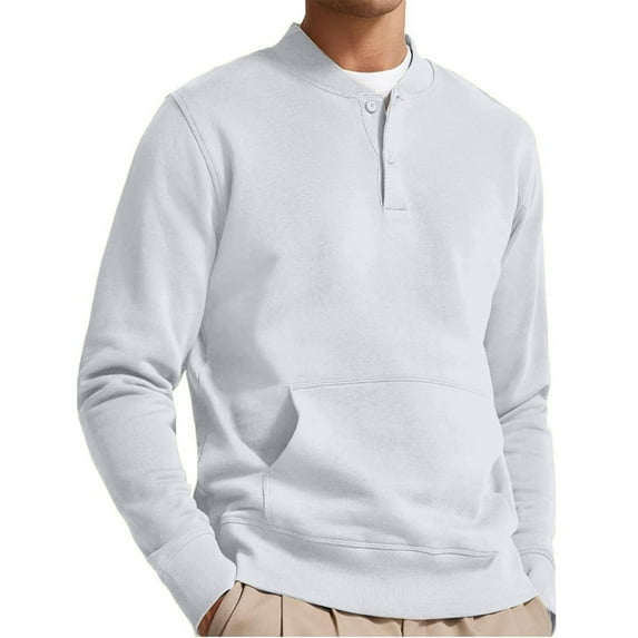 QUNYINEY Henley Mens Sweatshirt Casual Long Sleeve Solid White Tops Drop Shoulder Button with Pocket Relaxed Fit Sweatshirts
