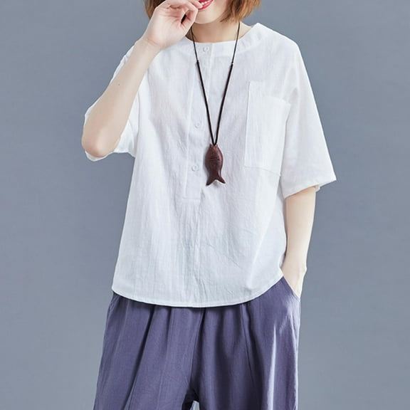 QUNYINEY Henley Shirts for Women Linen Casual Pullover Short Sleeve Tops Loose with Pocket Button Womens Tops