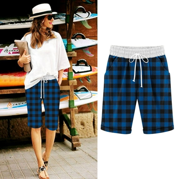 QUNYINEY High Waist Womens Shorts Casual Plaid Bermuda Shorts Loose Elastic Waist Comfy Summer Shorts
