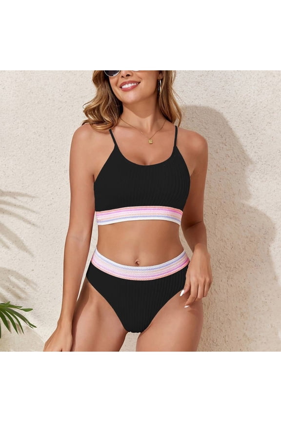 High Waisted Bikinis for Women 2 Piece Spaghetti Straps Triangle Black Swimwear Ribbed Crew Neck Women Swimsuit Sets