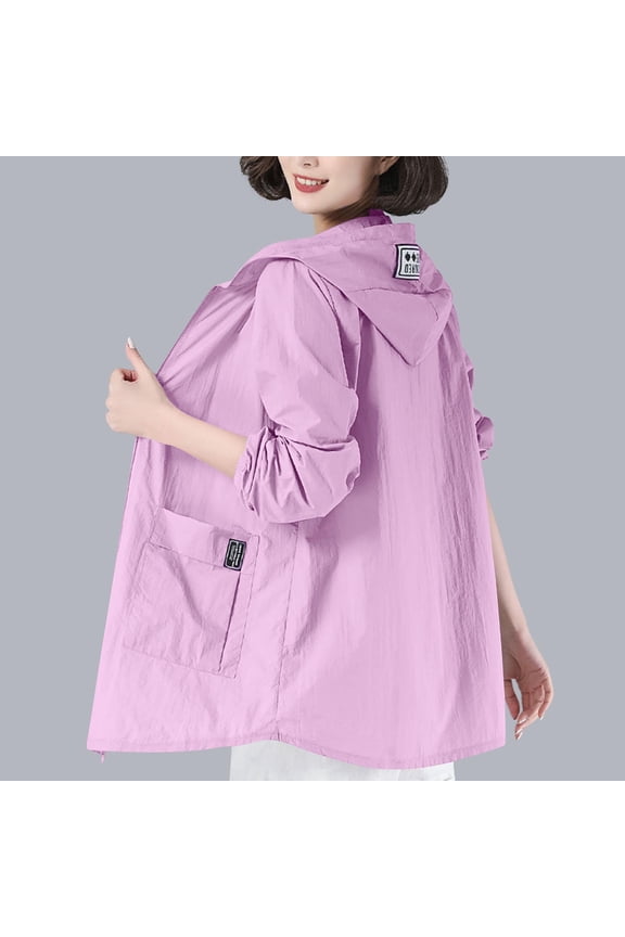 Hooded Light Jackets for Women Solid Zip Up Casual Coats Sun Protection Loose with Pockets Jacket