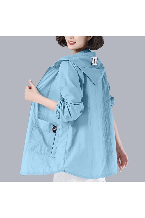 Hooded Light Weight Jackets Womens Zip Up Solid Casual Coats Sun Protection Loose with Pockets Jacket