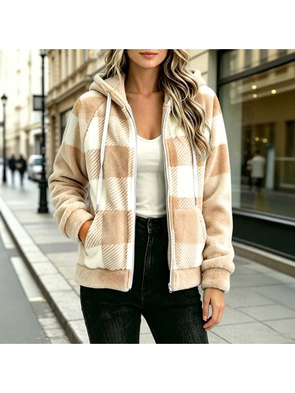 Hooded Sherpa Fleece Jackets for Women Winter Plaid Full-Zip Outerwear Jackets Long Sleeve with Pockets Warm Coats