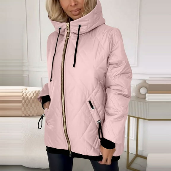 QUNYINEY Hooded Winter Puffer Coats for Women Quilted Pink Zip Up Overcoat Warm Loose Fit with Pockets Long Sleeve Womens Jackets Casual