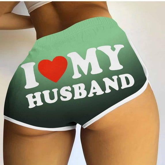 QUNYINEY I Love My Husband Shorts for Women Trendy Hotpants Casual Elastic Waist Gradient Slim Shorts