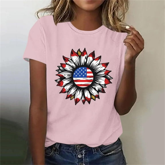 QUNYINEY Independence Day Women Shirts Casual Crew Neck Short Sleeve Tops Summer Loose Pullover Women's Tops