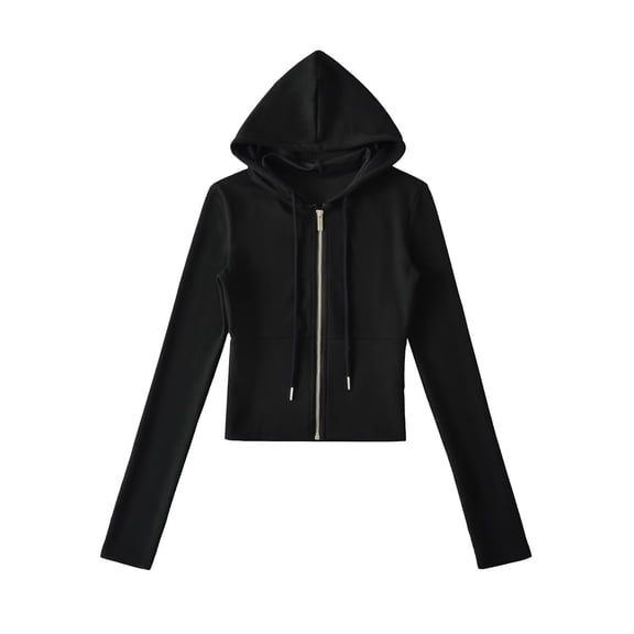 QUNYINEY Jackets for Women Fall Cropped Black Zip Up with Hood Athletic Outwear Lightweight Slim Fit Long Sleeve Drawstring Womens Coat