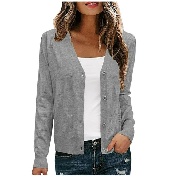 QUNYINEY Jackets for Women Lightweight Gray Short Outerwear Loose Fit V Neck Long Sleeve Button Up Womens Coats