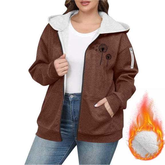 QUNYINEY Jackets for Women Trendy Fleece Floral Full Zip Oversized Windbreaker Long Sleeve with Hood Pockets Loose Fit Women's Coats