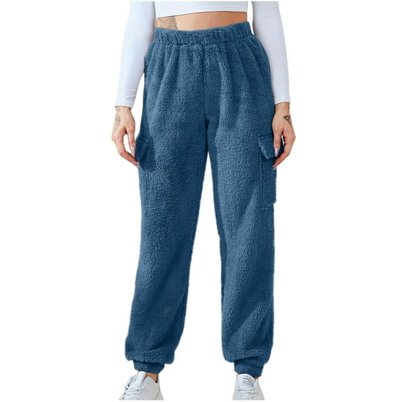 QUNYINEY Jogger Womens Pants High Waisted Blue Fleece Cargo Trousers Elastic Waist Blue Loose with Pockets Pants