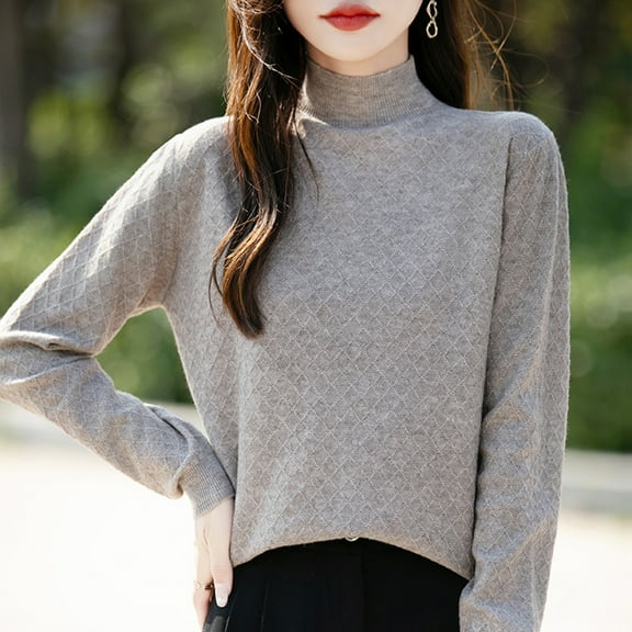 QUNYINEY Knit Women Sweaters Pullover Solid Gray Mock Neck Tops Casual Long Sleeve Plaid Loose Sweaters