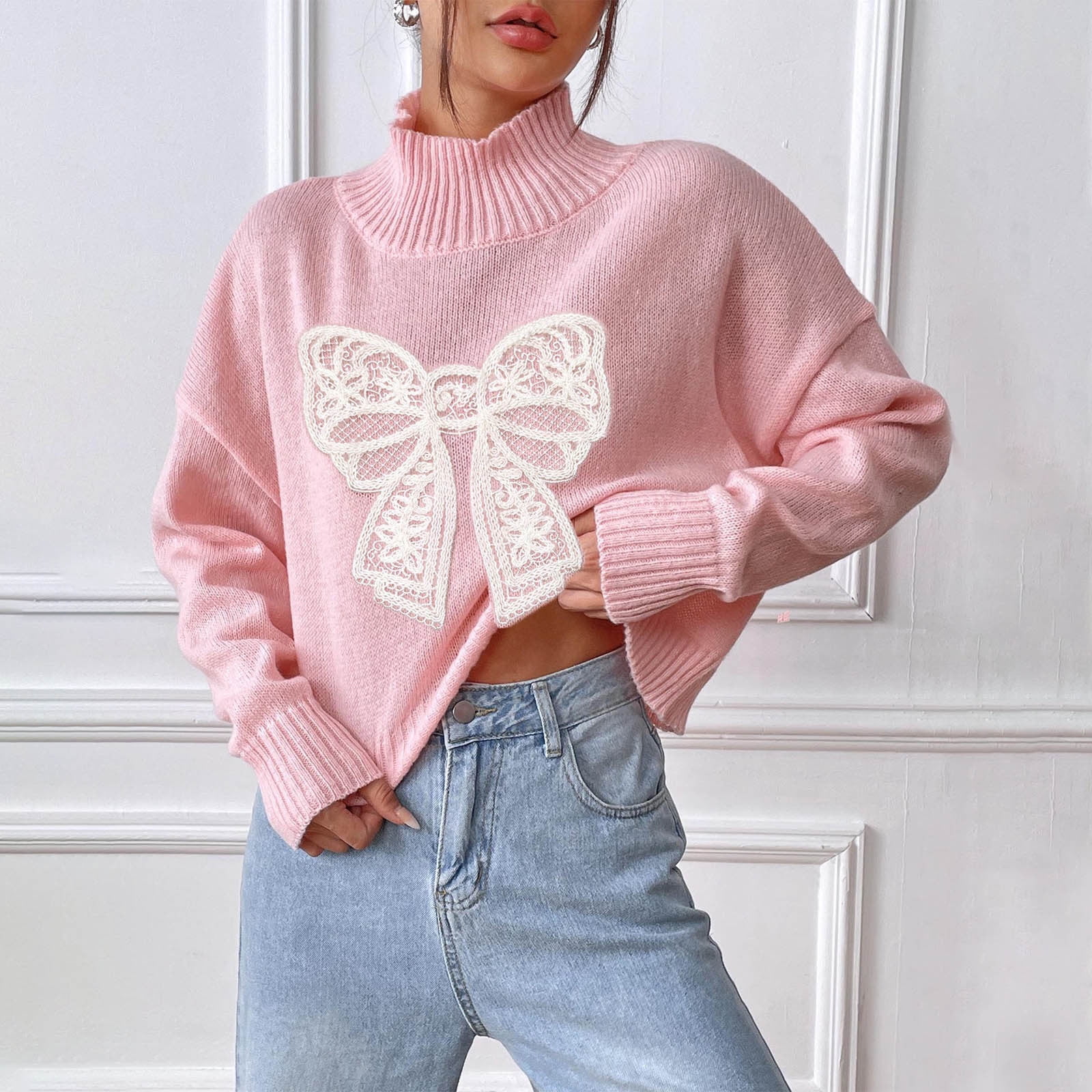 DOUBLE TAKE Women's Pink Full Size Checkered Bow Contrast Long Sleeve Sweater