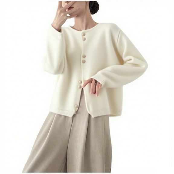 QUNYINEY Knitting Cotton Womens Fall Jackets Beige Outwear Loose Fit Round Neck Long Sleeve Warm Button Up Plus Size Winter Coats for Women