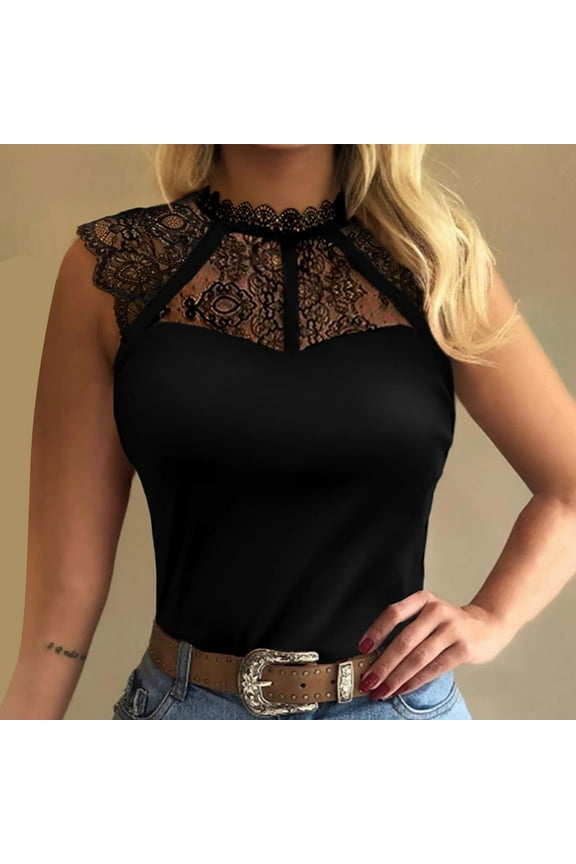 Lace Tshirts Shirts for Women Casual Sleeveless Crew Neck Tops Cut Out Slim Summer Pullover Tops for Women