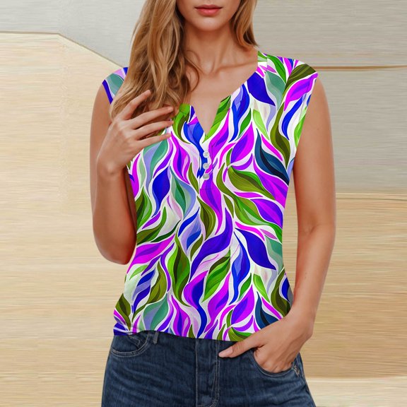 QUNYINEY Leaf Shirts for Women Pullover V Neck Casual Sleeveless Tank Tops Button Loose Graphic Tees