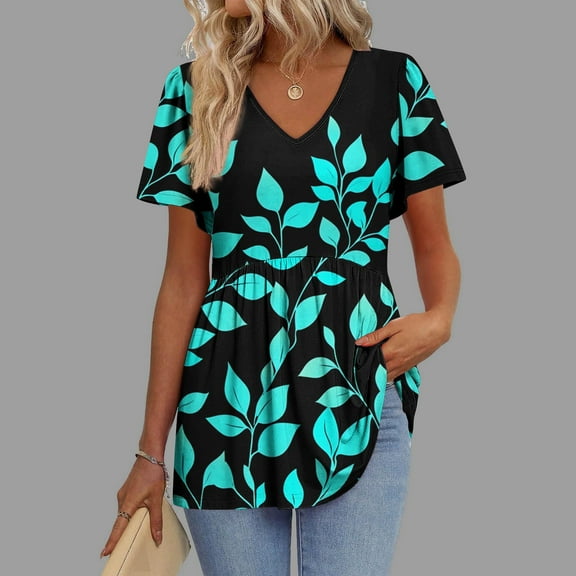 QUNYINEY Leaf Spring Tops for Women V Neck Short Sleeve Casual Shirts Loose Peplum Tops