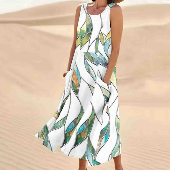 QUNYINEY Leaf Womens Dresses Sleeveless Casual A-Line Dress Crew Neck with Pockets Flowy Maxi Sundress