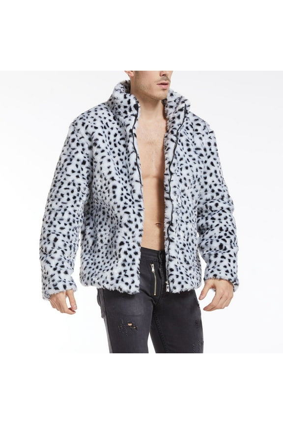 Leopard Print Mens Jackets Faux Fur Long Sleeve White Zip up Outerwear Loose Warm Cardigan Outerwear Jackets