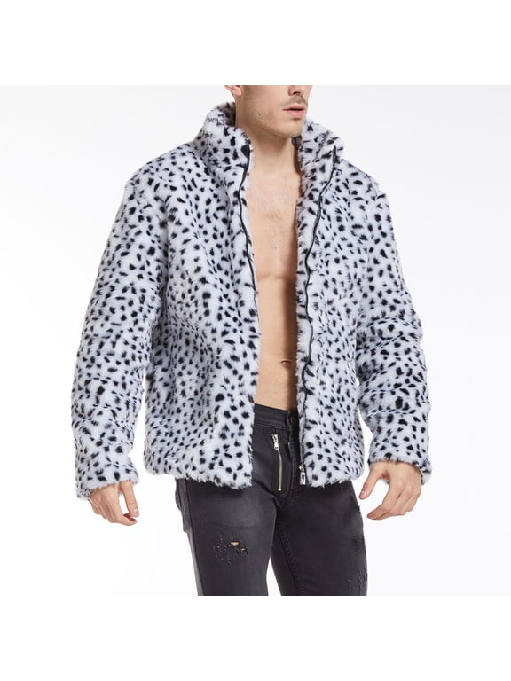 Leopard Print Mens Jackets Faux Fur Long Sleeve White Zip up Outerwear Loose Warm Cardigan Outerwear Jackets