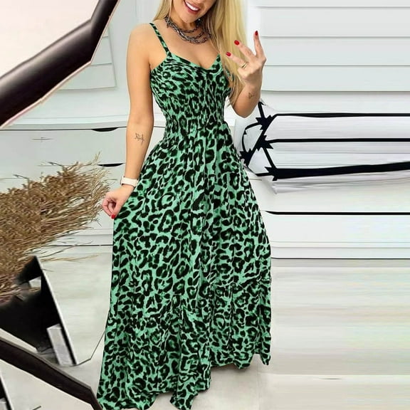 QUNYINEY Leopard Print Womens Summer Dresses Sleeveless Casual Slip Dress Flowy V Neck Empire Waist Maxi Sundress