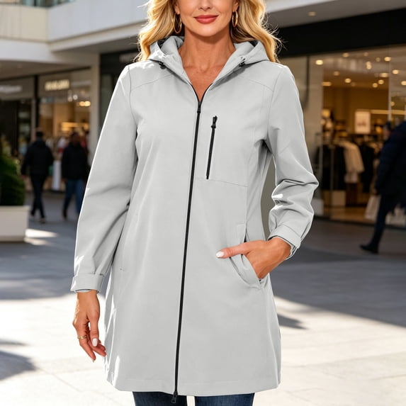 QUNYINEY Lightweight Women Rain Jackets Casual Waterproof Zip up Hooded Raincoat Long Sleeve Solid Color Windbreaker Women's Coats