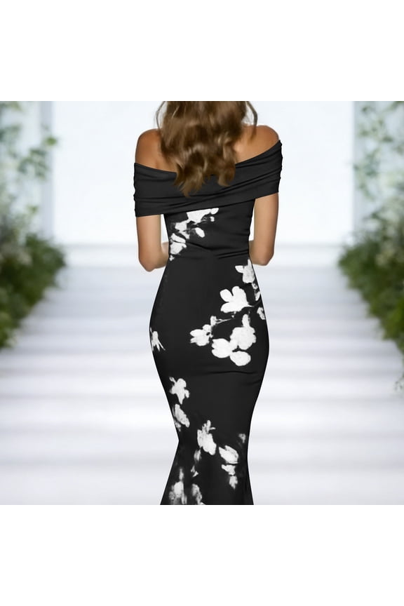 Long Formal Cocktail Dresses for Women Evening Party Floral Off The Shoulder Short Sleeve Dresses Bodycon Summer Slim Fit Dresses