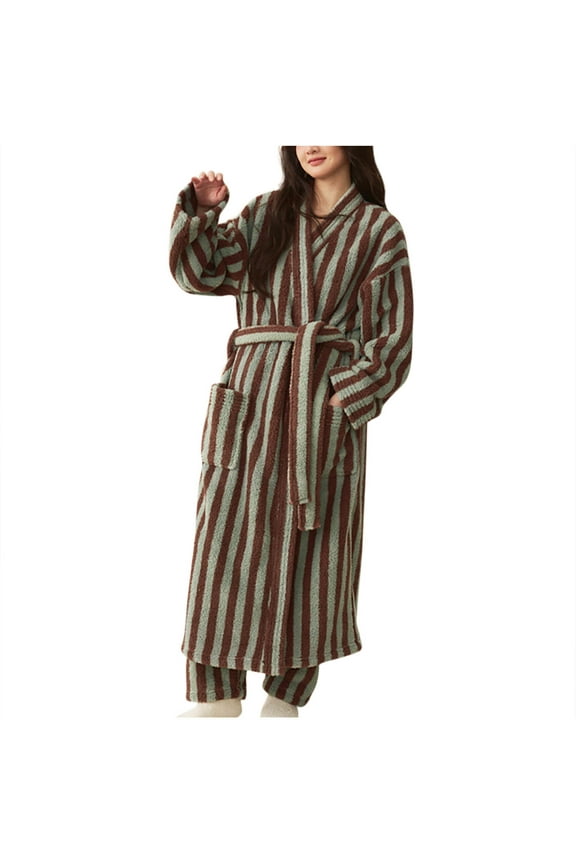 Long Robes for Women Fleece Brown Sleepwear Striped Bathrobe Heavyweight with Pocket Long Sleeve V Neck Warm Belt Loungewear