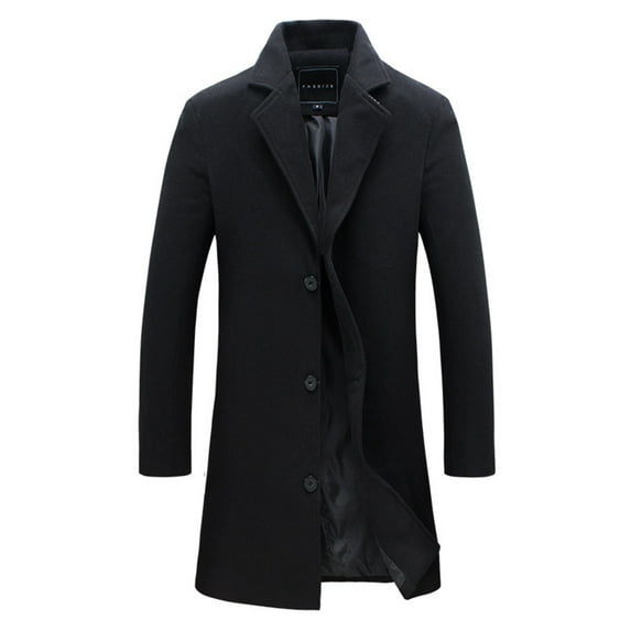 QUNYINEY Long Sleeve Coats for Men Solid Black Wool Trench Coats Casual Single Breasted Loose Outerwear Coats