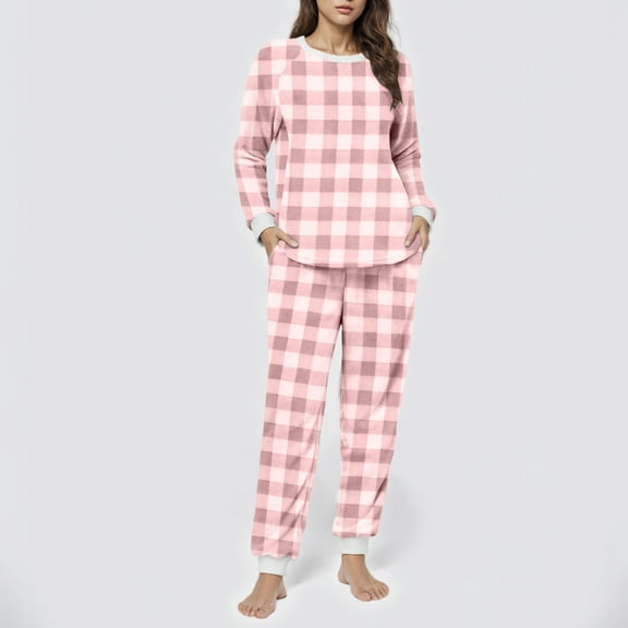 QUNYINEY Long Sleeve Comfy Pajamas for Women Set Fleece Gingham Crew Neck Top And Pants 2 Piece with Pocket Loose Fit Sleepwear for Women