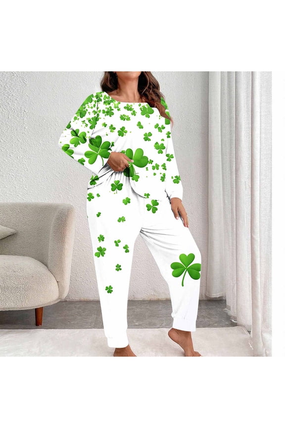 Long Sleeve Cute Pajama Sets for Women Plus Size Soft St Patricks Day 2 Piece Shirts And Pants Casual Crew Neck Softies Loungewear Set for Women
