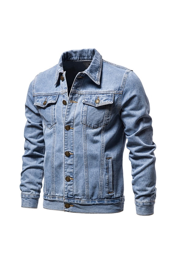 Long Sleeve Jackets for Men Solid Blue Bomber Work Coats Multiple Pockets Slim Denim Outerwear Jackets