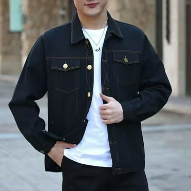 QUNYINEY Long Sleeve Jean Jacket Men Denim Solid Black Trucker Coat Button Down Multiple Pockets Slim Outerwear Jackets