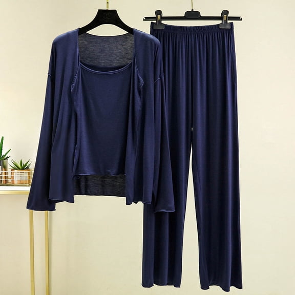 QUNYINEY Long Sleeve Ladies Pajamas Sets 3 Piece Soft Blue Cotton Shirts And Pants with Smock Crew Neck Women's Loungewear