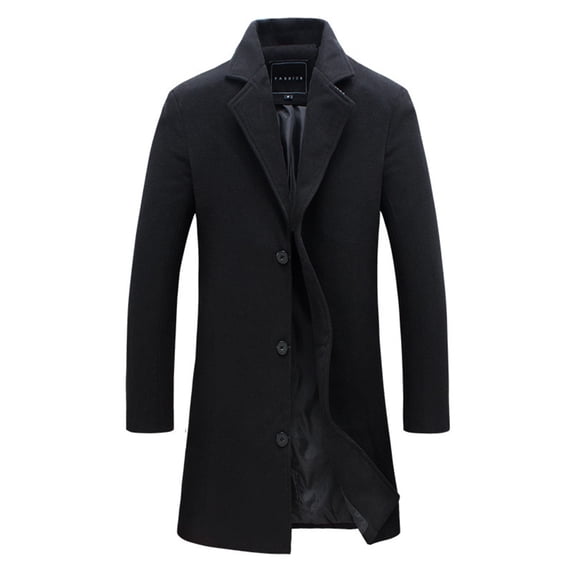 QUNYINEY Long Sleeve Mens Coats Black Wool Solid Trench Coats Casual Loose Single Breasted Outerwear Coats