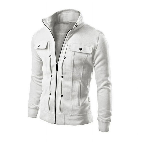 QUNYINEY Long Sleeve Mens Jackets Bomber Solid Zip up White Sweatshirt Slim with Pocket Outerwear Jackets