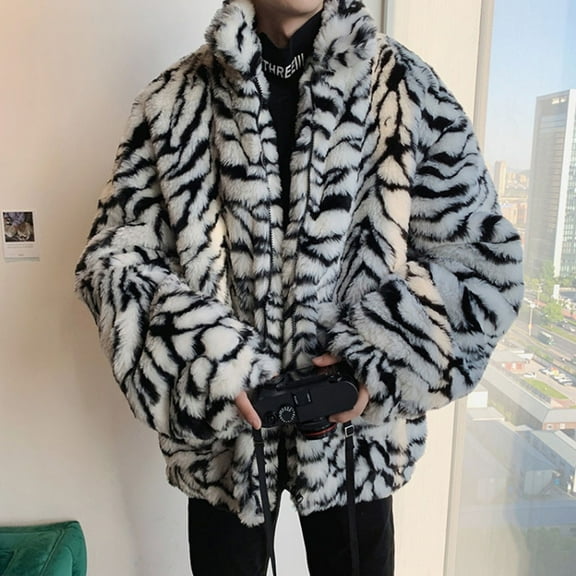 QUNYINEY Long Sleeve Mens Jackets White Faux Fur Leopard Print Zip up Outerwear Warm Cardigan Loose Outerwear Jackets