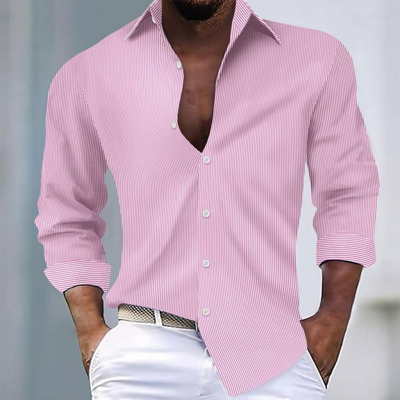 QUNYINEY Long Sleeve Mens Shirts Striped Casual Collared Pink Tops Cocoon Loose Button Down Drop Shoulder T-Shirts