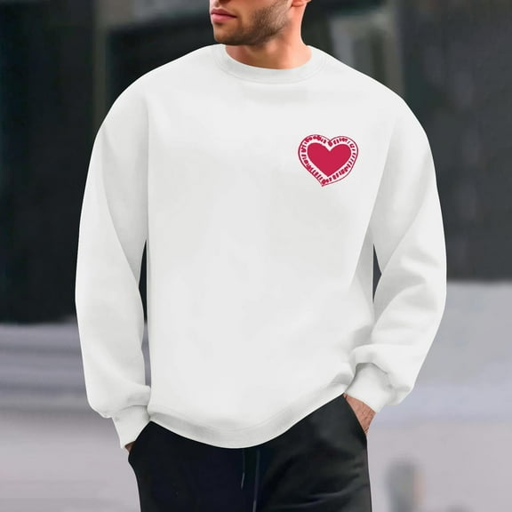 QUNYINEY Long Sleeve Mens Sweatshirt Valentine's Day Crew Neck White Casual Tops Drop Shoulder Loose Pullover Sweatshirts