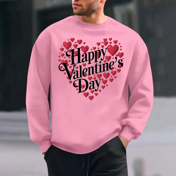 QUNYINEY Long Sleeve Mens Sweatshirts Casual Valentine's Day Crew Neck Pink Tops Loose Drop Shoulder Sweatshirts