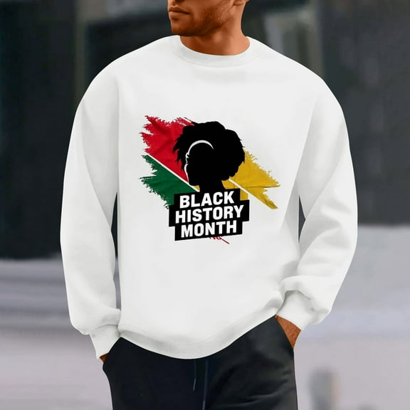 QUNYINEY Long Sleeve Mens Sweatshirts Crew Neck Black History Month Casual White Tops Loose Pullover Drop Shoulder Sweatshirts