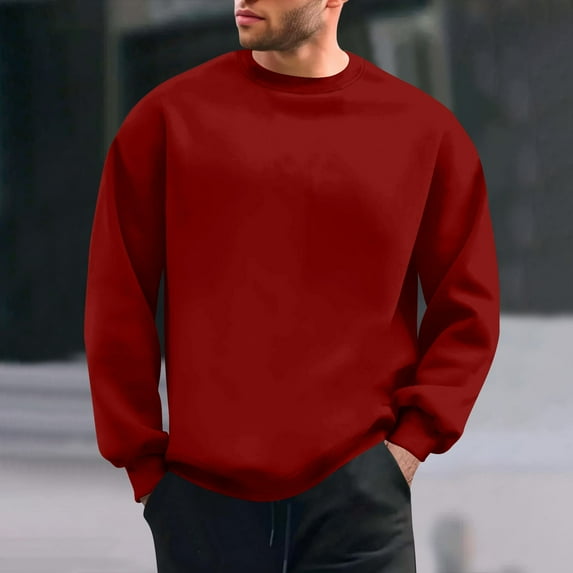 QUNYINEY Long Sleeve Mens Sweatshirts Red Crew Neck Casual Solid Tops Loose Drop Shoulder Pullover Sweatshirt