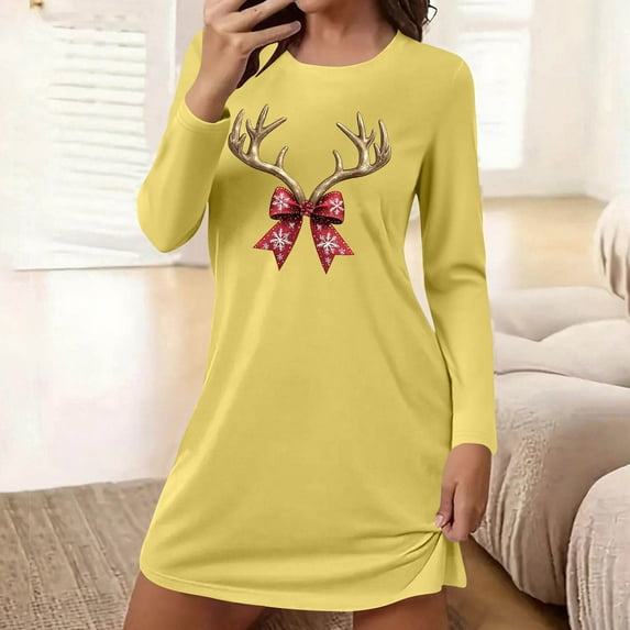 QUNYINEY Long Sleeve Nightgowns for Women Plus Size Crew Neck Christmas Soft Sleepshirt Short Loose Fit Womens Sleepwear