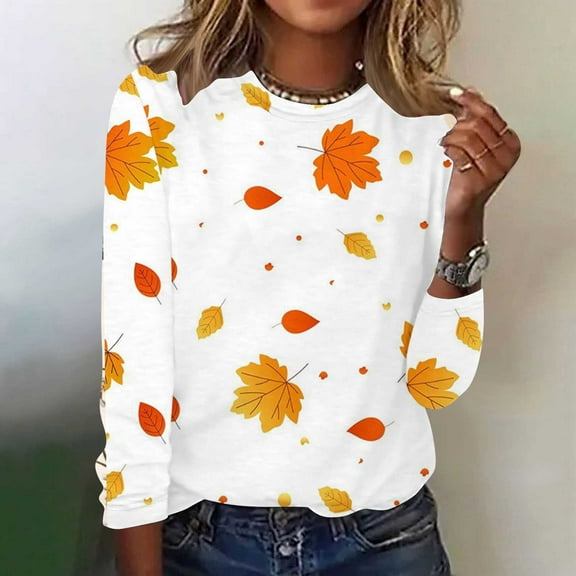 QUNYINEY Long Sleeve Oversized T Shirts for Women Maple Leaf Crewneck Thanksgiving Day Tops Loose Fit Pullover Graphic Tees