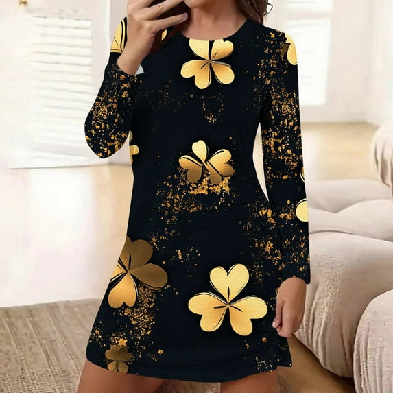 QUNYINEY Long Sleeve Plus Size Nightgowns for Women Cotton Soft St Patricks Day Loungewear Crew Neck Comfy Knee Length Gowns for Women Sleepwear