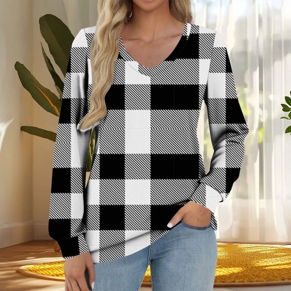 QUNYINEY Long Sleeve Shirts Women Plaid V Neck Tops Pullover Loose Fit Graphic Tees